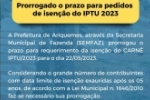 Prefeitura prorroga prazo para protocolo de pedidos de isenção de IPTU 2023
