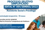 SEMDES abre Processo Seletivo Simplificado para contratação temporária de Psicólogo e Assistente Social